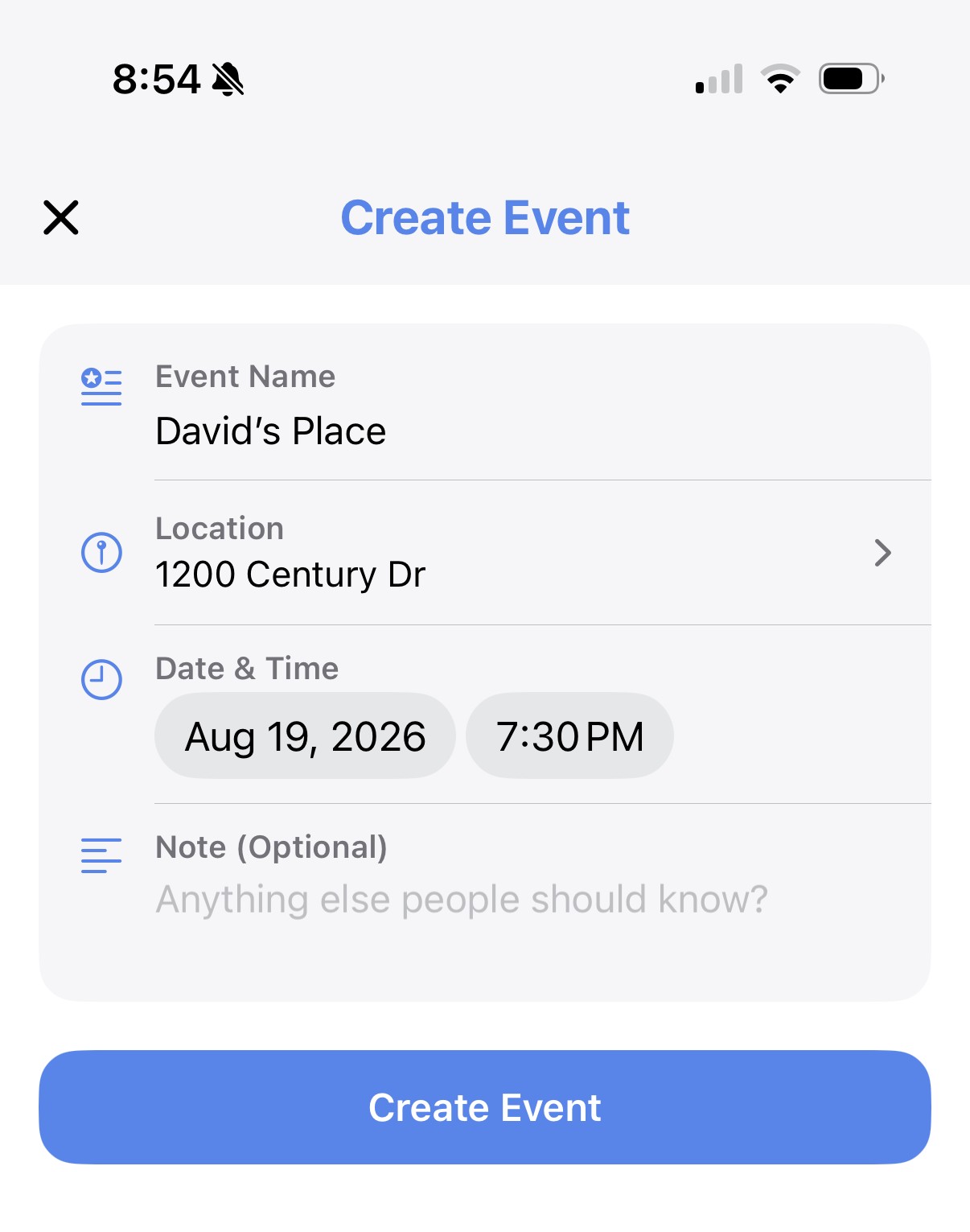 The Create Event screen in the Cohort app, showing event name, location, and date & time fields