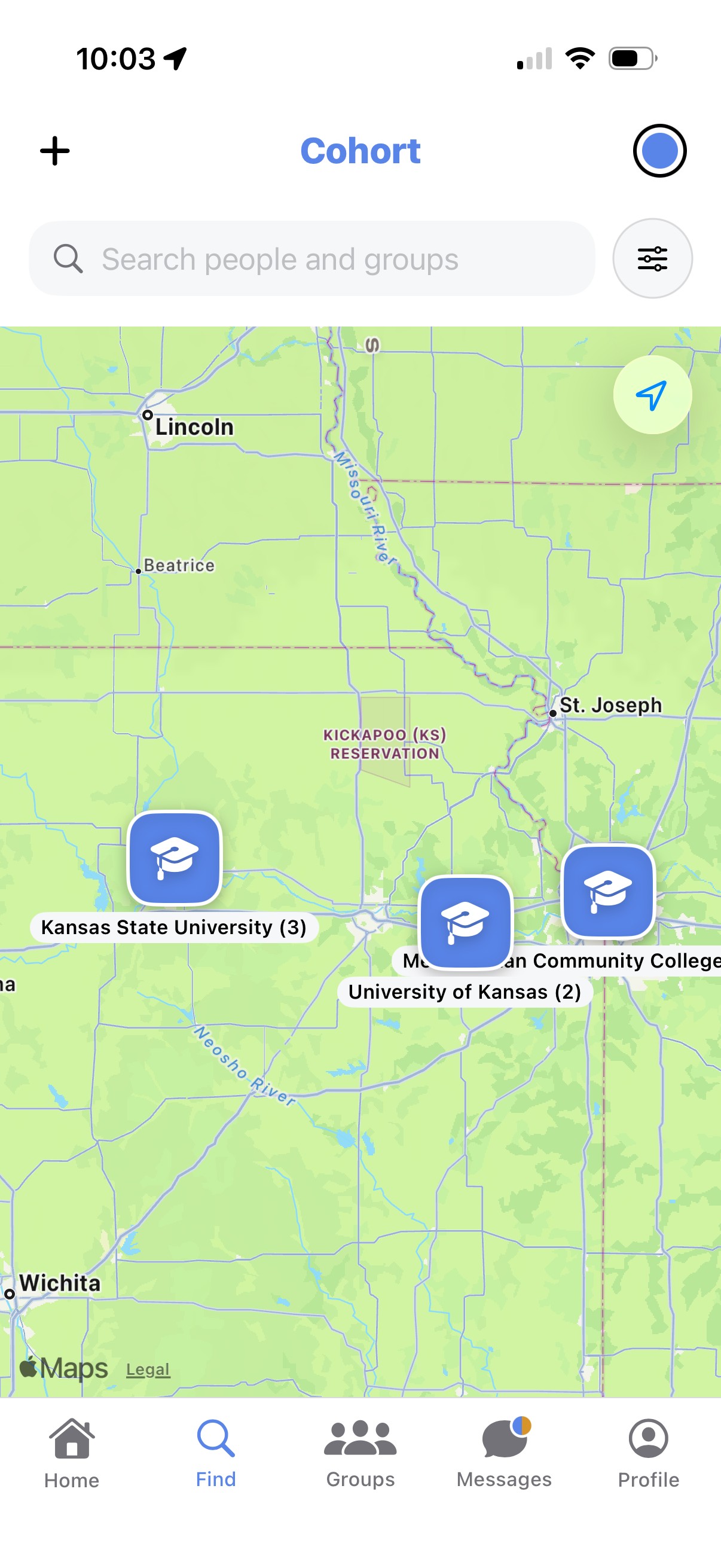 The Find map zoomed into a state, showing college pins across campuses