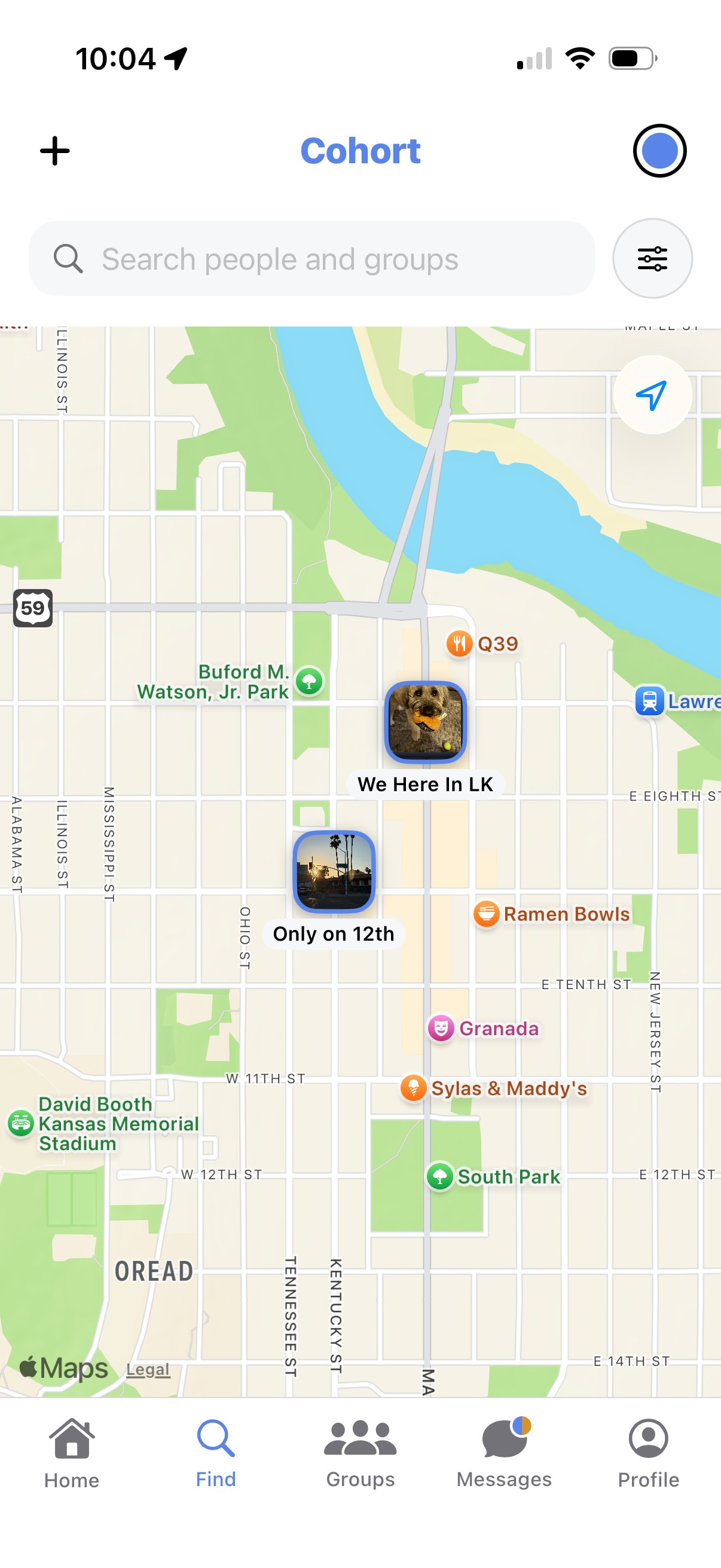 The Find map zoomed all the way in to street level, showing group pins pinned to real locations