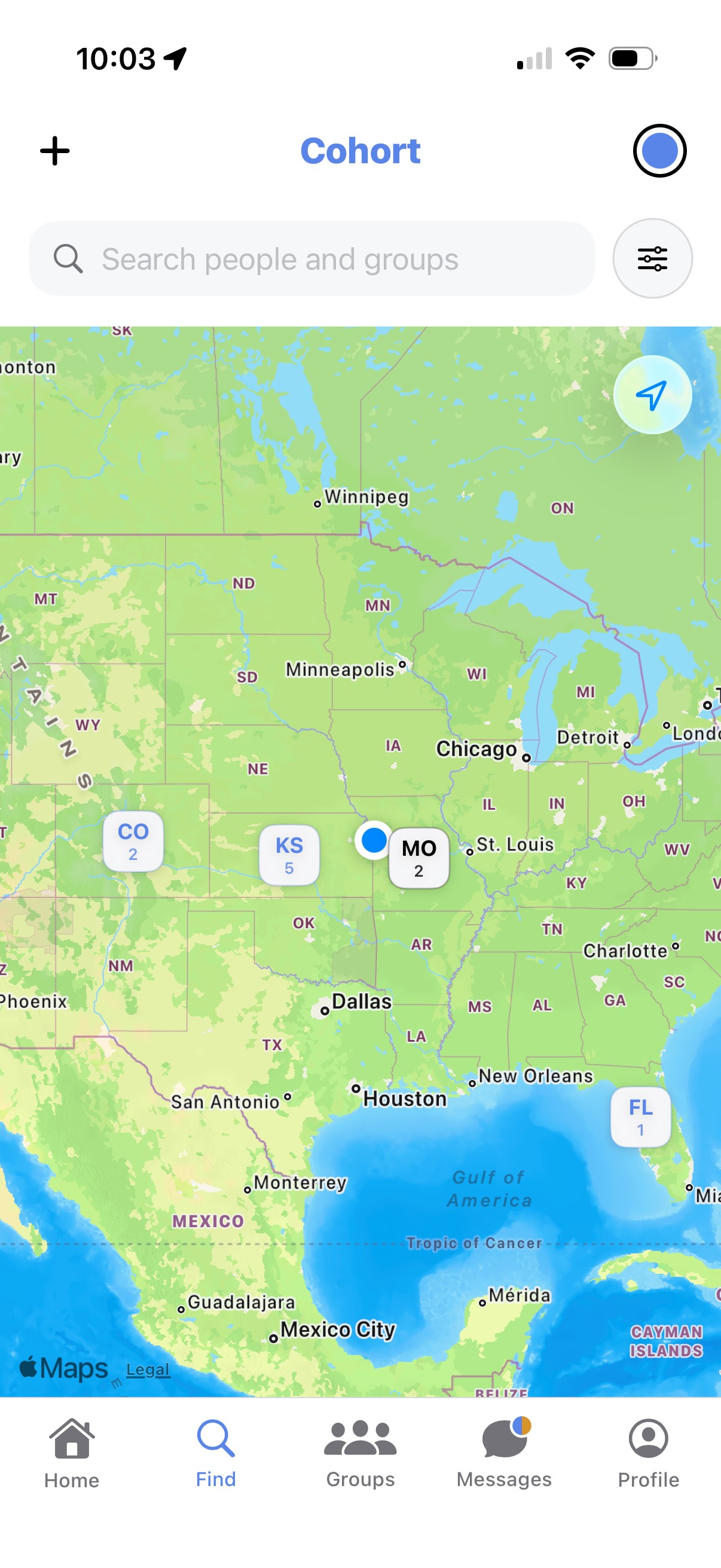 The Find map zoomed out to the state level, showing rounded abbreviation bubbles like KS and CO with group counts