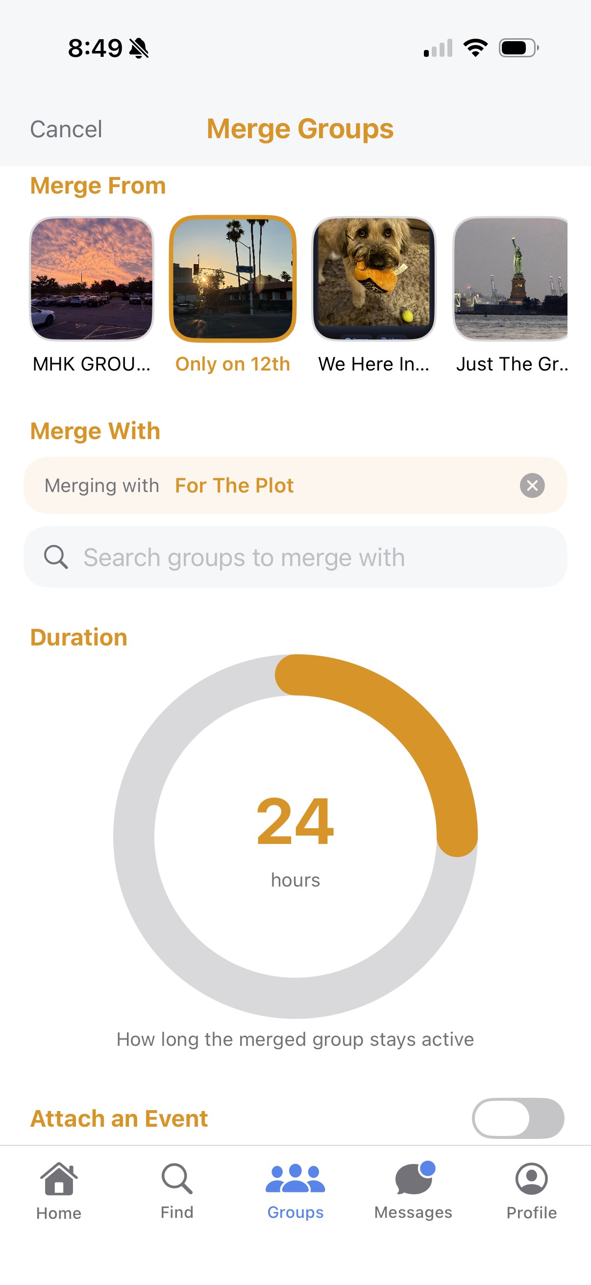 The Merge Groups screen in the Cohort app, showing group selection and a duration picker