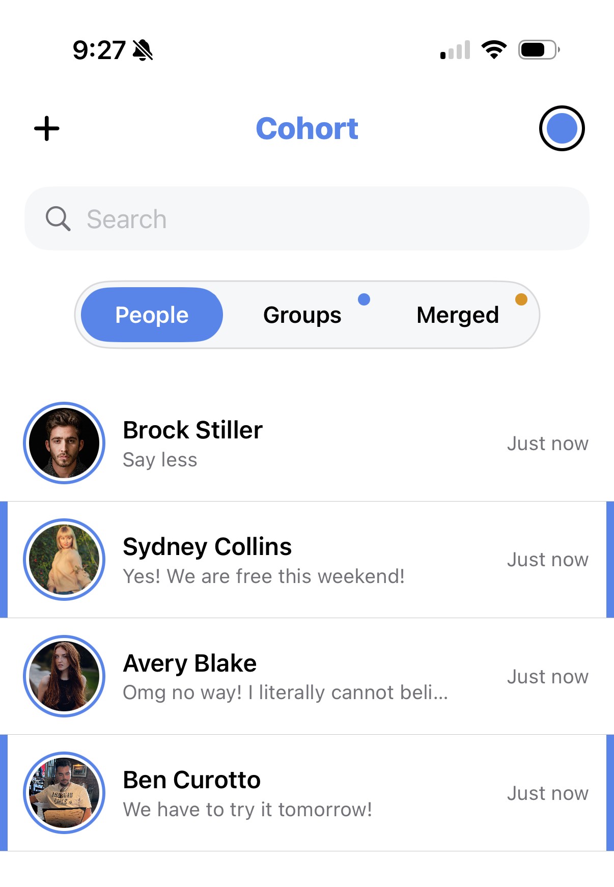 The Messages tab in the Cohort app, showing the People/Groups/Merged segmented control and direct message previews